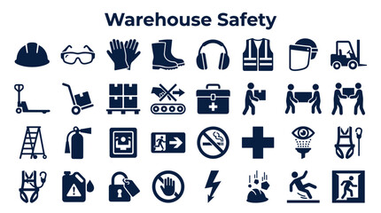 Warehouse safety equipment and warning signs icons representing industrial protection and hazard prevention in logistics operations © Iconique Studio