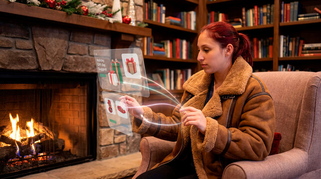 Woman in shearling coat reviewing holiday gift options on glass screen by stone fireplace