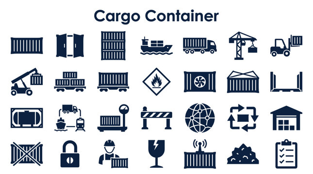 Cargo Container Icons Set Logistics Shipping Transportation Industry and Global Trade Symbols Collection