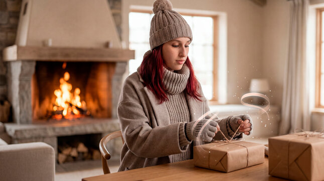 Woman in pom-pom beanie tying twine around kraft paper gift beside cottage fireplace