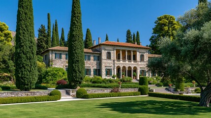 Obraz premium Architectural photography of a majestic stone villa featuring lush gardens and iconic cypress trees, captured in bright daylight.