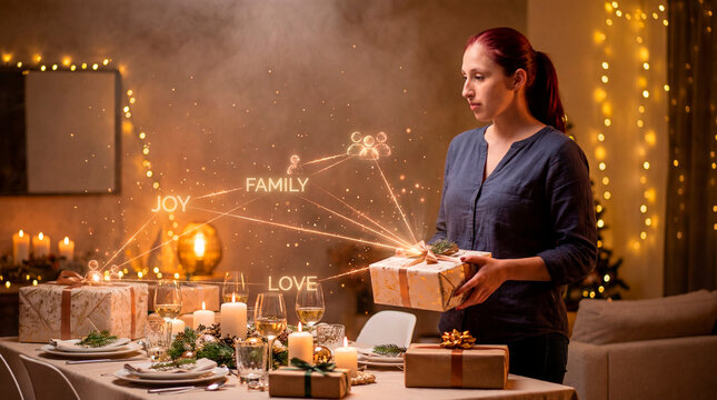 Woman setting wrapped gift on candlelit table beneath glowing joy family love sparkler script