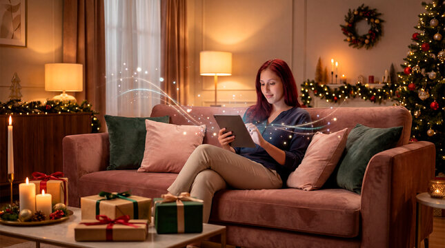 Woman in indigo tunic scrolling tablet amid swirling light trails on dusty pink sofa