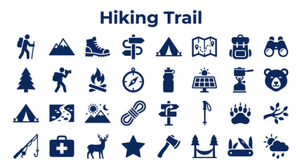 Fototapeta premium Collection of hiking and outdoor adventure icons representing camping, nature exploration, and survival gear for travel and recreation
