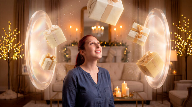 Woman in navy blouse gazing up at levitating gift boxes inside orbital rings in candlelit room