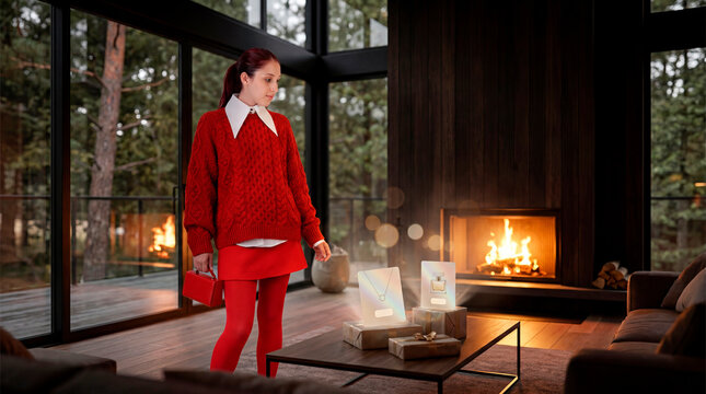 Woman in red knit ensemble approaching glowing jewelry display in modern forest cabin lounge