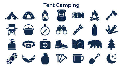 Collection of tent camping icons representing outdoor adventure and wilderness survival gear for travel and recreation © Iconique Studio