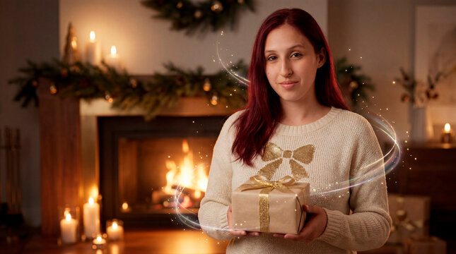 Half-smiling woman in bow sweater offering kraft gift box beside candlelit stone fireplace