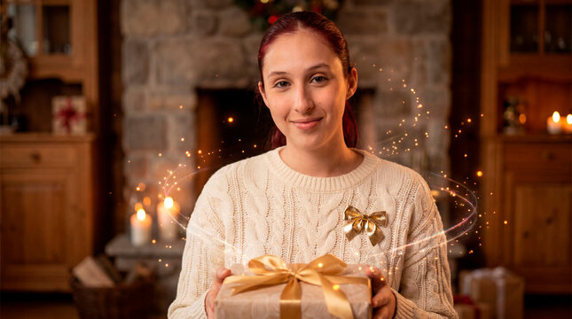 Woman in cable knit cradling wrapped gift with golden sparkle trail by stone fireplace