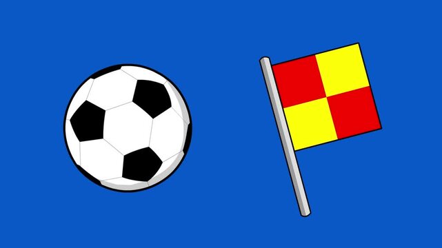 Cartoon style animation of soccer ball and flag on a blue background, art, vintage, 2D.