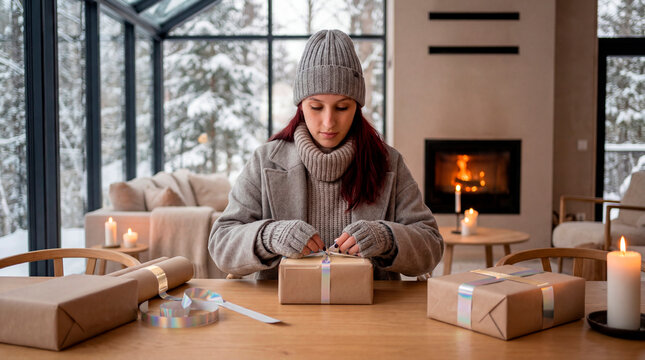 Woman in beanie tying silver ribbon on holiday gift at modern winter dining table