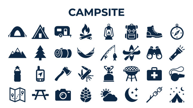 Collection of camping and outdoor adventure icons representing travel, nature, and recreational activities for web design and graphic assets