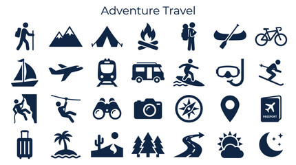 Obraz premium Adventure travel icons representing outdoor activities and exploration, including hiking, camping, kayaking, cycling, sailing, and more, symbolizing journey and discovery.