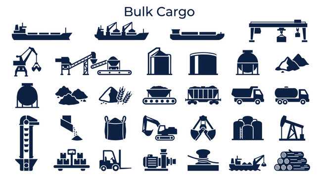 Bulk Cargo Transportation and Logistics Icons Set Representing Shipping Vessels Industrial Equipment and Loading Operations
