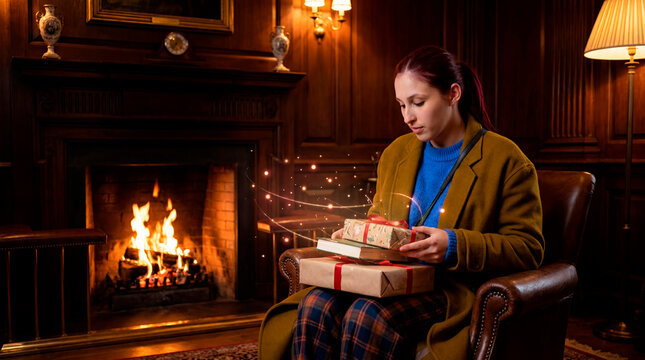Woman in mustard coat unwrapping gift with sparkle trail in wood-paneled study by fireplace