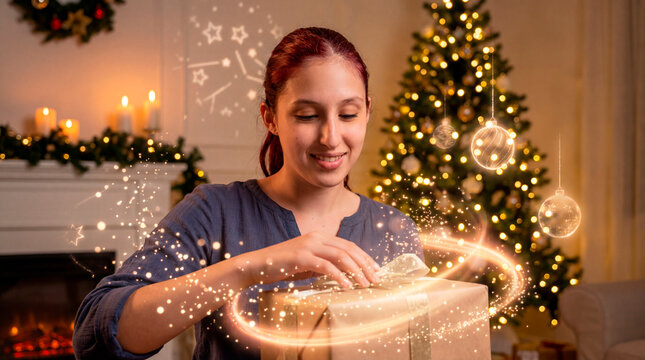 Woman lifting lid of glowing magical gift box beneath hanging ornaments on christmas tree