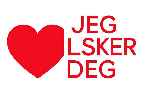 A simple design with a bold red heart juxtaposed with the text "JEG LSKER DEG" in the same color, against a white background