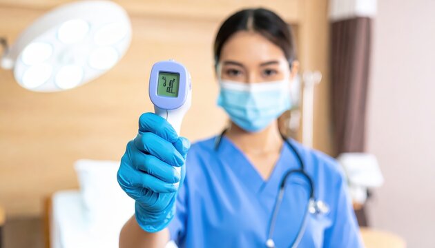 Nurse holding a digital infrared thermometer to measure body temperature