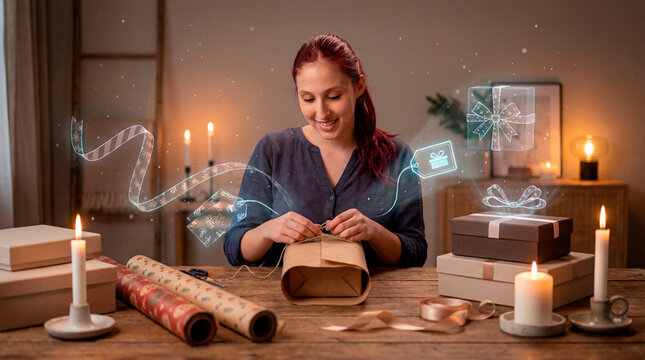 Woman tying ribbon on wrapped gift amid floating gift tag overlays at candlelit wooden table