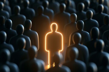 Obraz premium Many dark figures surround one bright figure in a crowd at night
