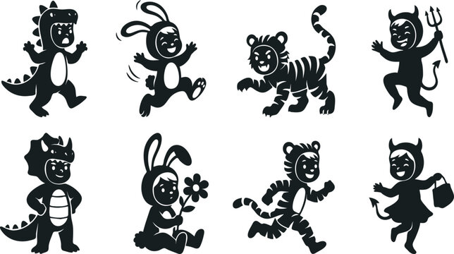 Kids in Animal Costumes, Halloween, Party, Silhouette Vector Set
