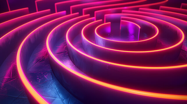 Geometric neon spiral labyrinth building hypnotic glowing labyrinth with geometric neon shapes in spiral form, spiral labyrinth complexity creates visually captivating and disorienting effect.