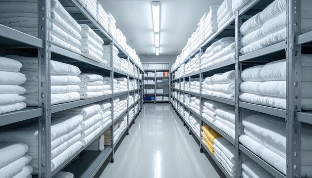 Neatly organized stacks of clean white hospital towels and washcloths arranged on industrial shelving in a supply room.