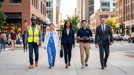 Obraz premium Diverse business professionals walking together in urban city environment
