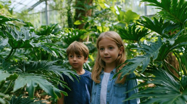 Two curious children exploring a lush indoor greenhouse filled with massive tropical plants under bright sunlight pouring through a glass ceiling.