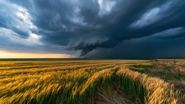 A massive supercell thunderstorm with a dark tornado forming over a vast golden wheat field under an ominous, dramatic grey sky at sunset.