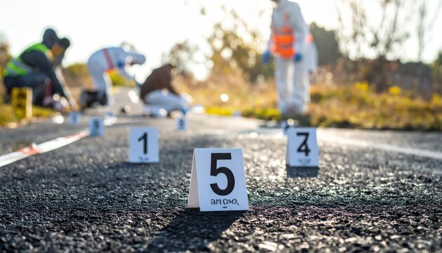 Numbered Forensic Evidence Markers Placed on Dark Asphalt at a Crime Scene Investigation