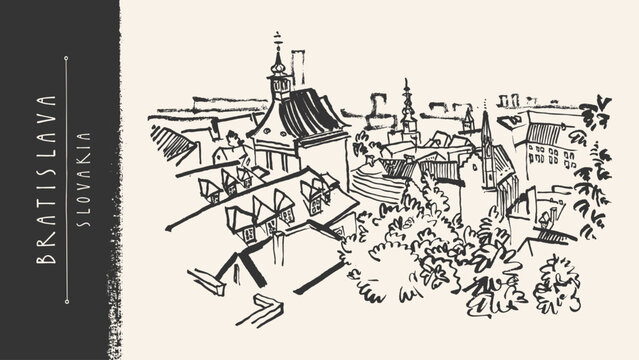 Bratislava Slovakia vector ink sketch postcard. Old castle, church, Danube city skyline. Historic town above view. Vintage hand drawn vector illustration, ink line art, European architecture travel bg