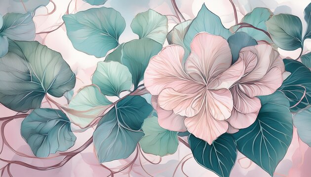 a mesmerizing handmade design featuring intertwining begonia stems and leaves in a calming blend of seafoam lavender and powder pink perfect for wallpaper fabric or digital backgrounds