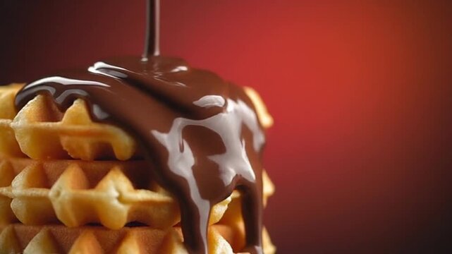 Macro video of glossy chocolate cream drizzling onto a stack of golden waffles, with high contrast colorful background, professional studio lights, and mouthwatering realism
