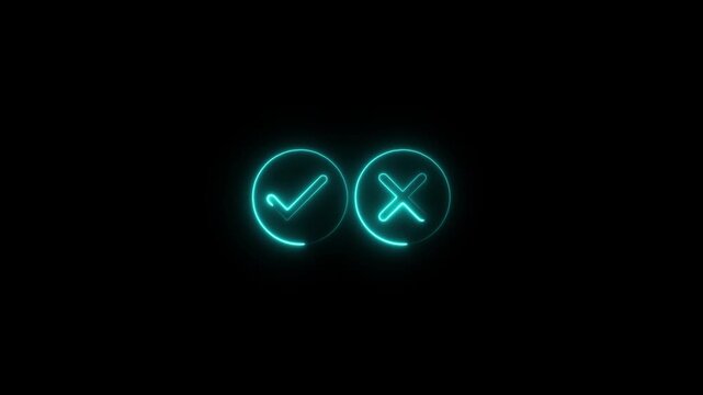 Glowing cyan neon check mark and cross symbol icon on black background