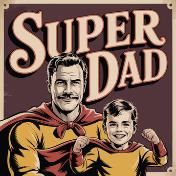 Super dad and son in superhero costumes