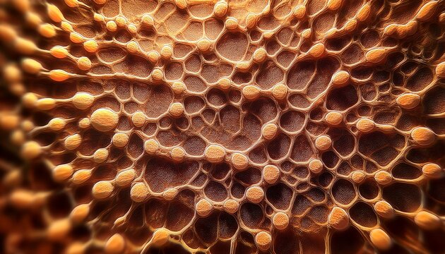 brown adipose tissue cells illuminated under a microscope with a shallow depth of field and soft golden lighting to highlight their intricate structures and textures