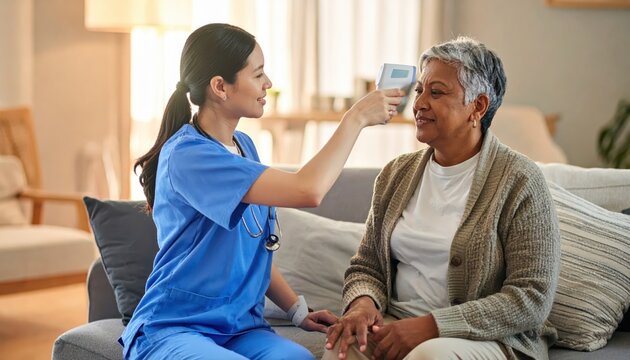 Nurse taking temperature reading with forehead thermometer of an elderly patient in a home setting