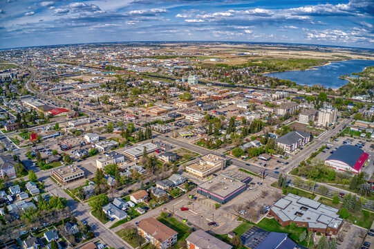 Aerial View of Downtown Leduc, Alberta during Summer