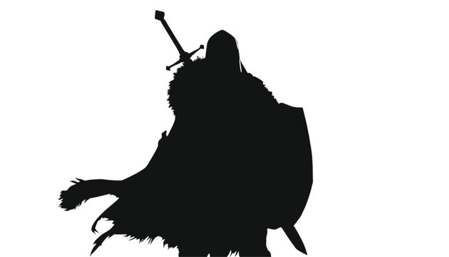 Warrior silhouette depicting a medieval fighter holding a longsword and a protective shield stands against a bright white background, creating a bold emblem of historical courage and power.