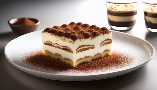 delicate golden light illuminates the tiramisu accentuating the delicate balance of creamy and chocolatey flavors while the clean white background provides a subtle yet sophisticated contrast