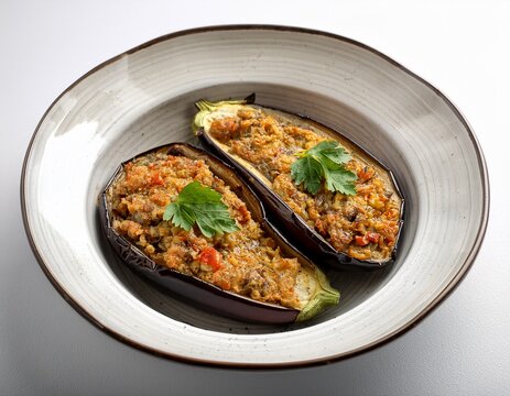fresh from the oven a savory imam bayildi eggplant delight is presented on a crisp white surface showcasing the perfectly cooked