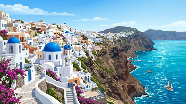 Santorini Greece landscape with white buildings and blue domes