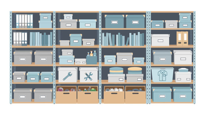 Organized storage shelves with boxes, folders, and supplies. Home or office organization.