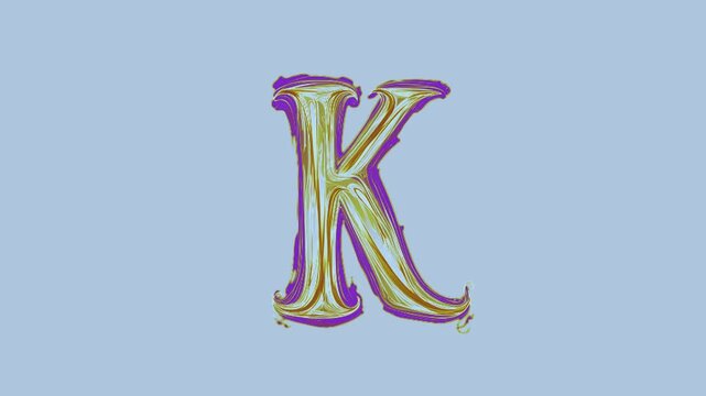 Letter K rendered in a stylized calligraphy font with gold and purple gradients sits centered on a soft blue background to serve as an elegant typographic element for branding and visual media.