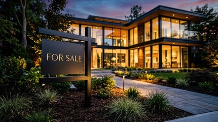 Obraz premium Luxurious Modern House with 'For Sale' Sign at Twilight. Contemporary Architecture and Real Estate for High-End Property Market, Illuminated Exterior and Landscaping.