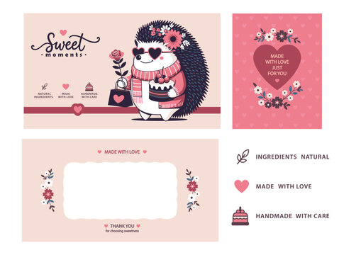 Packaging design, branding with an image of a hedgehog with a gift bag, a flower and a cake.