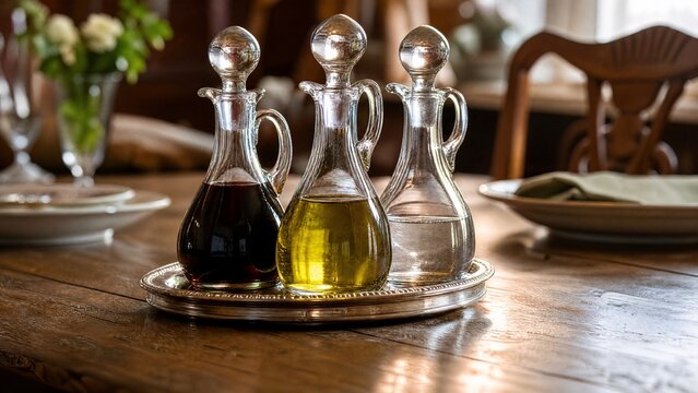 cruets. Elegant glass cruets on a rustic wooden table with warm reflections. menu design, packaging mockups, designed for food delivery and cloud-kitchen brand materials, used by lab technicians.