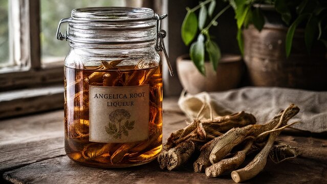 angelica. A rustic glass jar of amber herbal liquor with angelica root on a wooden surface. bar promotions, beverage menus, designed for food & beverage menus and cafe branding, used by ux designers.