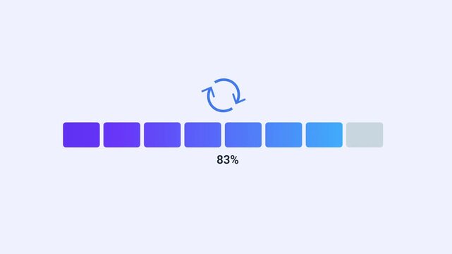 Animated synchronization progress indicator with refresh icon, segmented loading bar, and percentage display. Clean flat motion graphic for data syncing, updating, processing, backup, and workflow con
